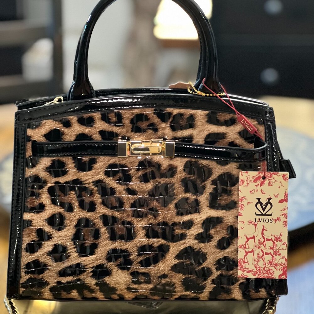 COPY - New Black Patent Leather Leopard Satchel Handbag